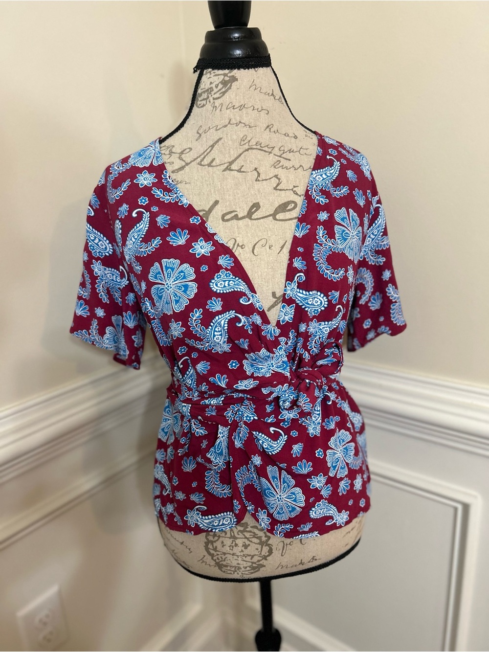 LOFT Burgundy Wrap Blouse with Light Blue Paisley